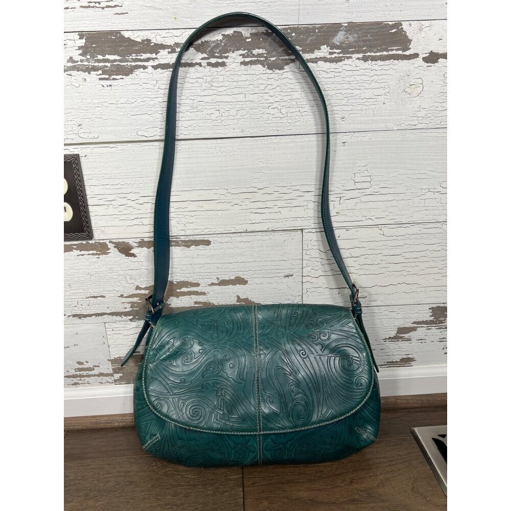 VINTAGE COLE HAAN Hand Tooled Leather Hobo Shoulder Bag Teal Green - Picture 2 of 11